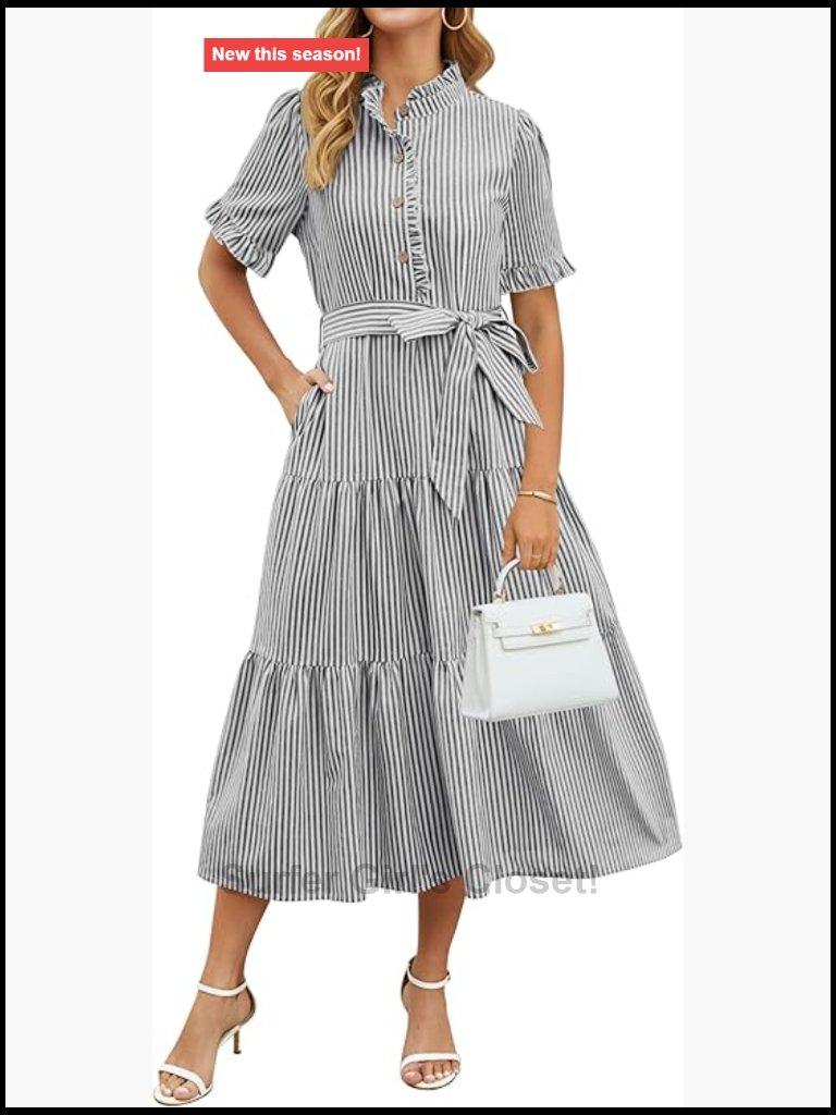 Striped Ruffled Sleeve Button Down Tie Waist Maxi Dress